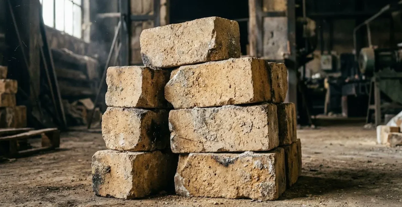 Des blocs de chamotte beige empilés montrent leur texture granuleuse caractéristique dans un environnement industriel