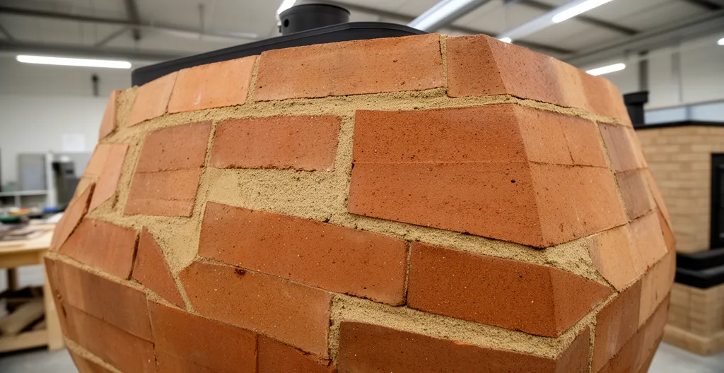 Détail de la masse d'accumulation en magnétite d'un poêle en atelier