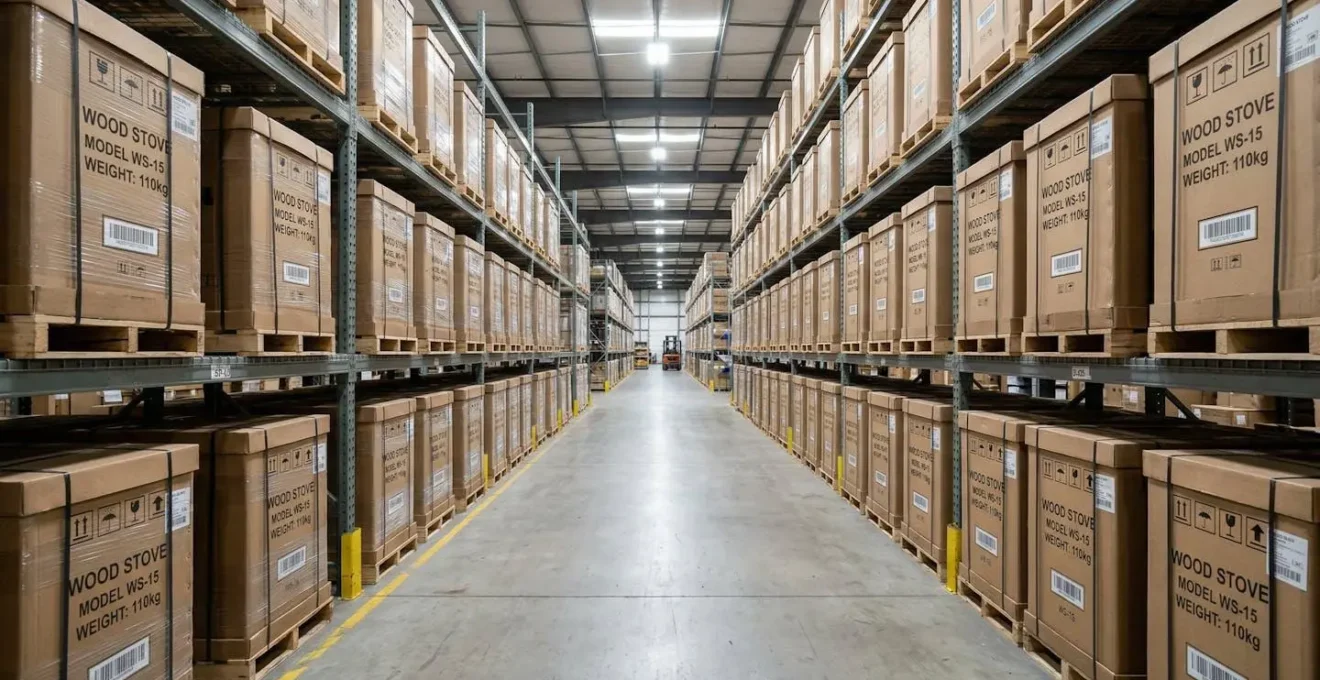 Entrepôt organisé avec des rangées de poêles à bois emballés prêts à être livrés
