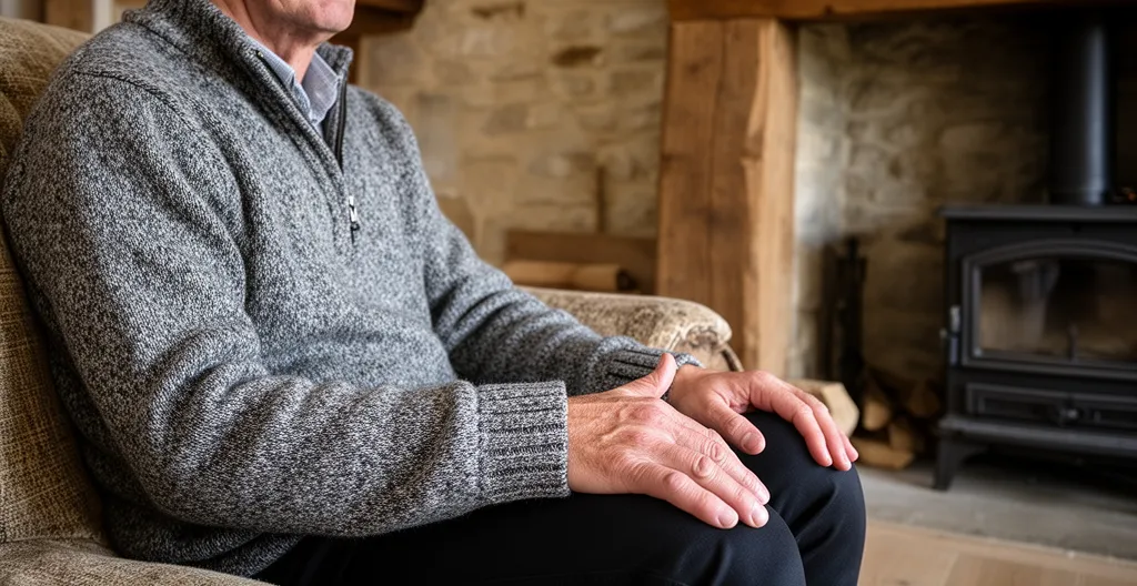 Homme détendu près d'un poêle à accumulation dans un intérieur chaleureux