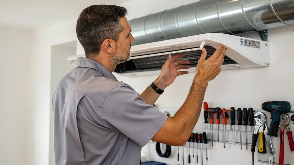 Technicien professionnel RGE inspectant un conduit de fumée lors d'une installation