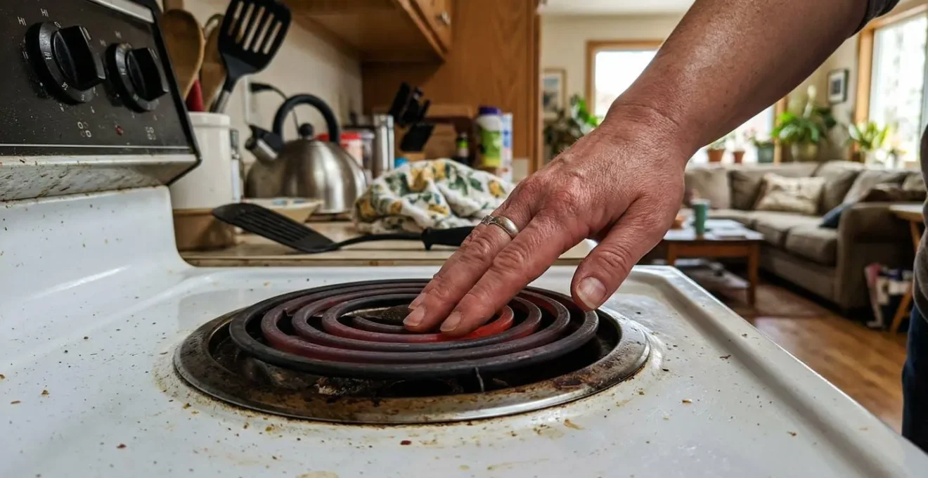 Une main se pose sur la surface d'un poêle éteint pour vérifier la chaleur résiduelle dans un salon lumineux