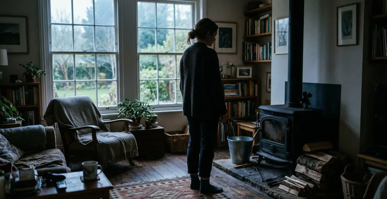 Une silhouette vue de dos observe un poêle à bois éteint dans un salon baigné de lumière matinale douce