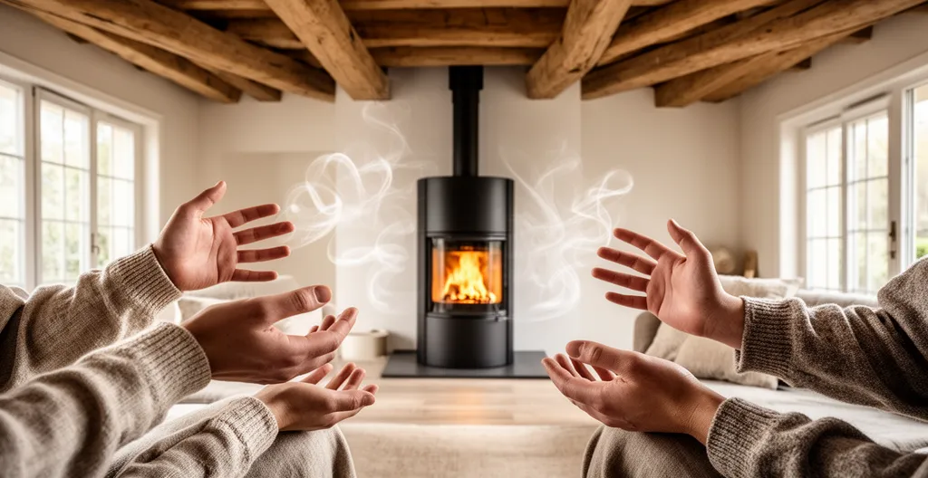 Poêle à accumulation diffusant une chaleur rayonnante dans un salon contemporain