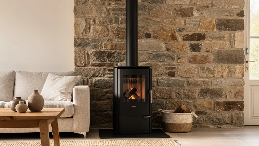 Poêle à bois moderne en acier noir dans un salon contemporain avec mur en pierre