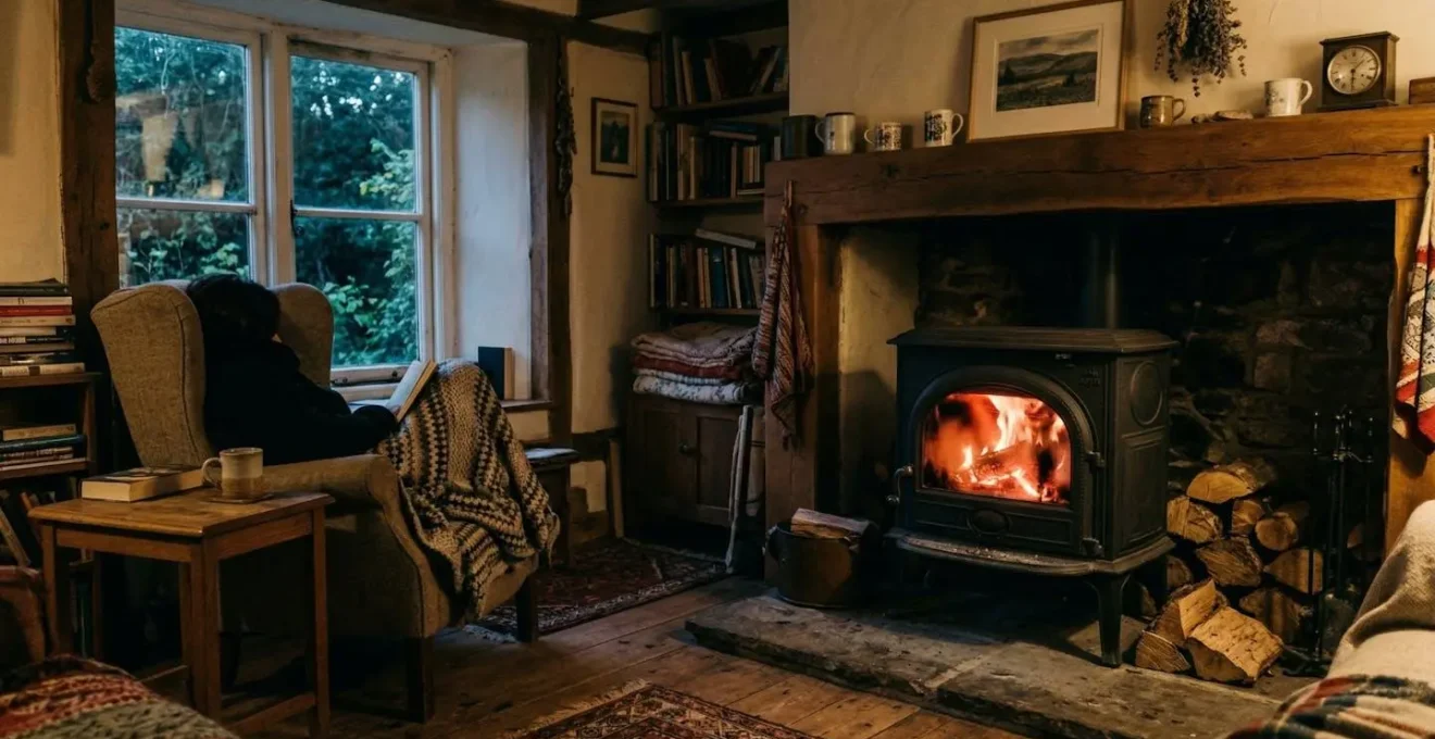 Un poêle à bois allumé diffuse une lueur chaleureuse à travers sa vitre dans un salon aux couleurs chaudes