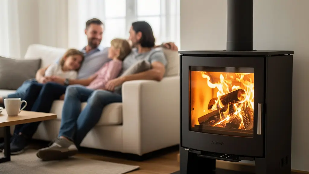 Salon moderne avec poêle à bois en fonctionnement diffusant une chaleur confortable