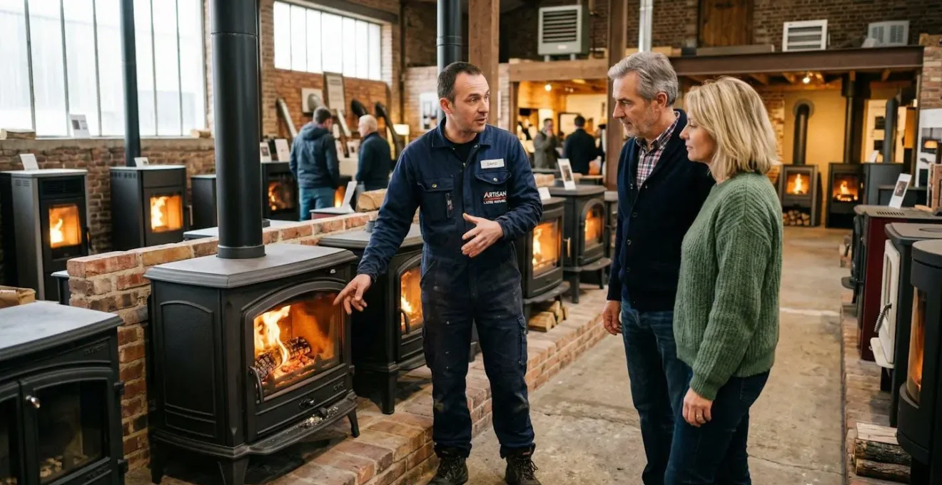 Technicien chauffagiste conseillant un couple devant des poêles à bois exposés dans un showroom
