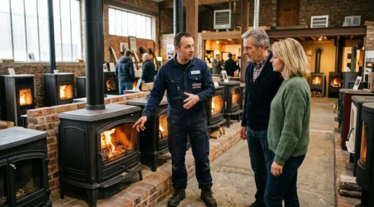 Technicien chauffagiste conseillant un couple devant des poêles à bois exposés dans un showroom