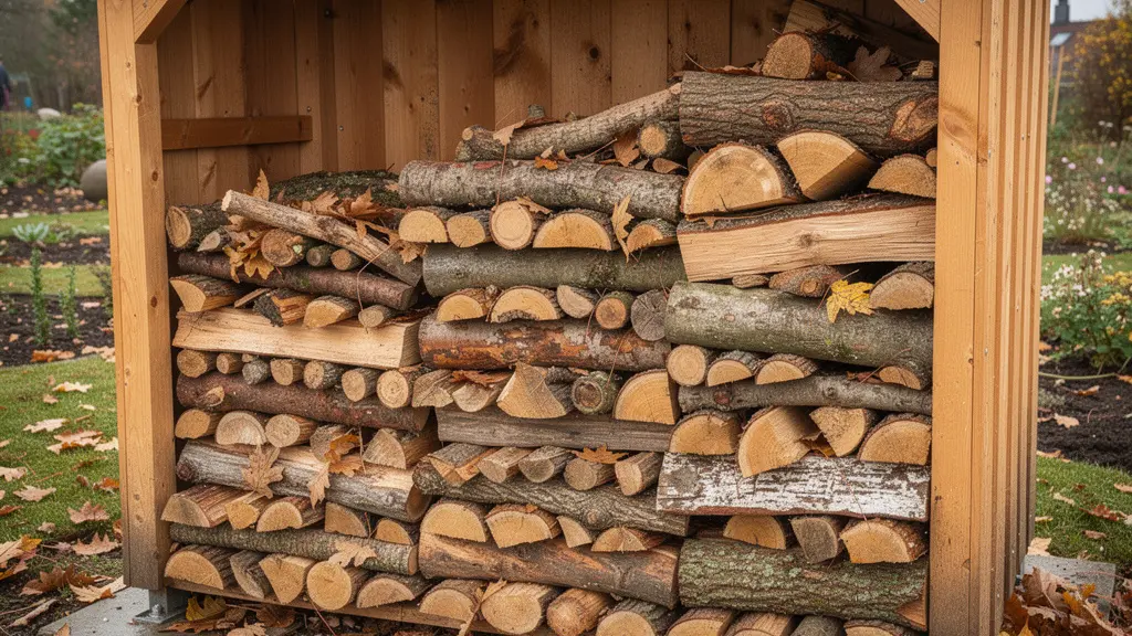 Stères de bois de chauffage empilées dans un abri de jardin pour approvisionnement hiver