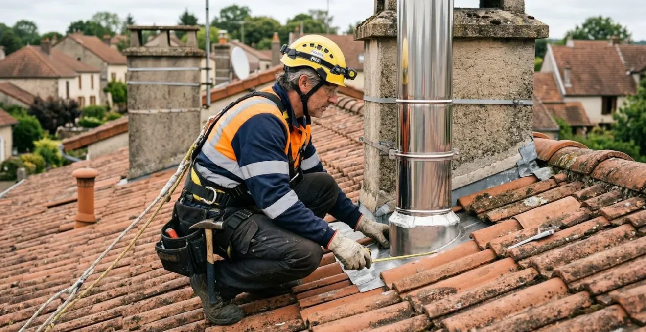 Technicien chauffagiste vérifiant l'installation d'un conduit de fumée sur un toit