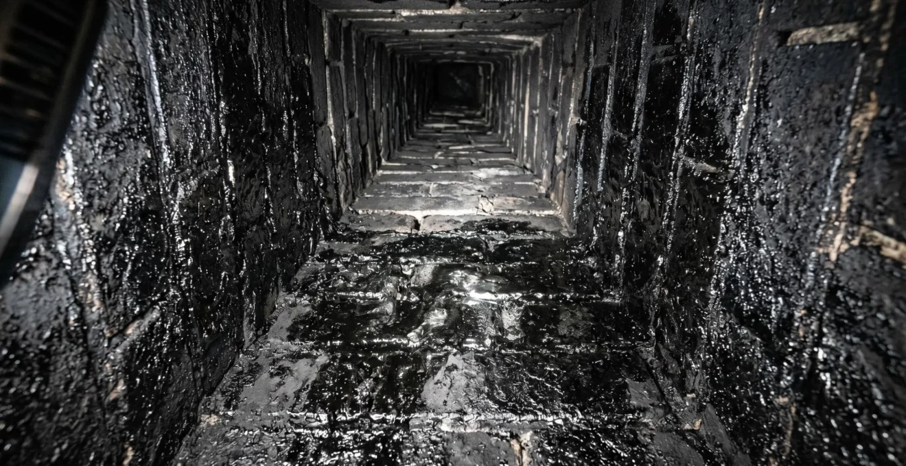 Vue en contre-plongée de l'intérieur d'un conduit de cheminée en brique dont les parois sont recouvertes d'une épaisse couche noire brillante de bistre (goudron durci), éclairage froid d'inspection révélant texture huileuse irrégulière