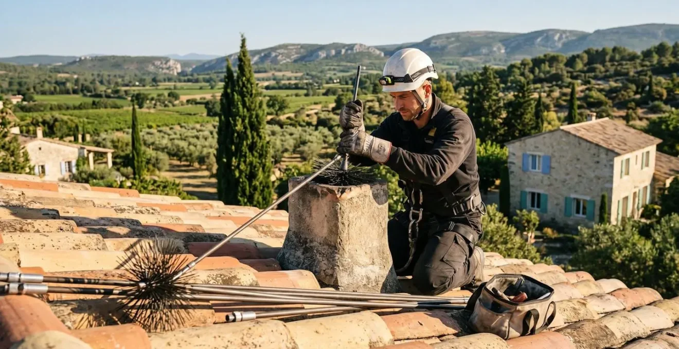 Ramoneur professionnel équipé d'un harnais de sécurité travaillant sur le toit d'une maison provençale aux tuiles canal ocre, avec hérisson métallique et perches de ramonage au premier plan, paysage méditerranéen en arrière-plan sous lumière matinale