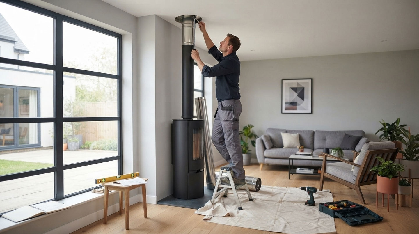 Installateur professionnel RGE à genoux devant une cheminée en pierre, en train de positionner un insert à bois en acier, outils métier au sol, chantier résidentiel français