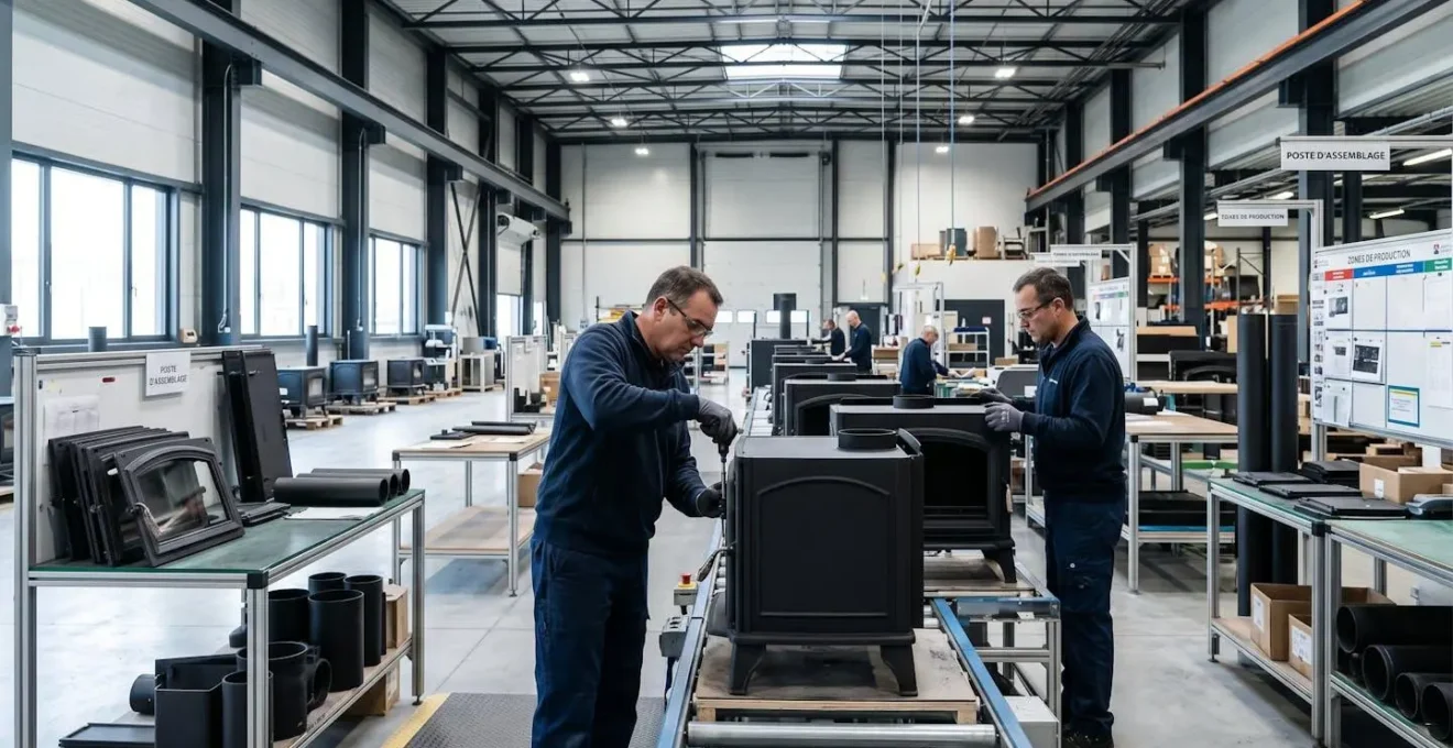Ligne de production industrielle dans une usine moderne de fabrication de poêles à bois, ouvriers assemblant des corps de poêles en fonte noire, environnement propre et organisé