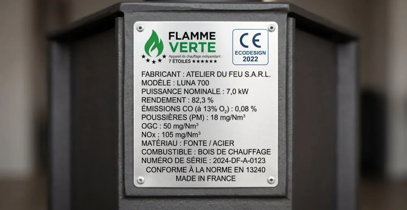 Gros plan sur plaque signalétique métallique d'un poêle à bois affichant les certifications Flamme Verte 7 étoiles et Ecodesign 2022, avec indications de puissance et rendement en français
