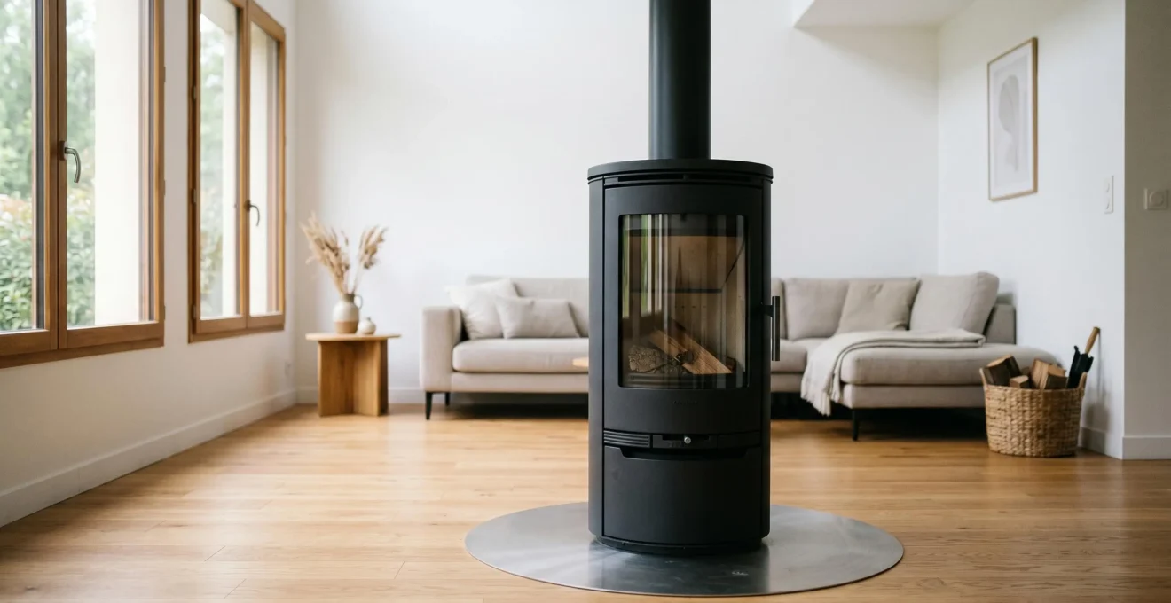 Poêle à bois moderne en fonte noire avec vitre céramique installé dans un salon contemporain français aux murs blancs et parquet chêne clair, conduit de fumée apparent montant vers le plafond, lumière naturelle douce